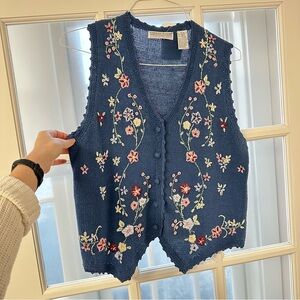 Vintage • Embroidered Crocheted blue knit grandma sweater vest